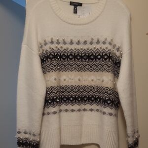 Aqua Women's White and Black Sweater With Pearl And Crystal Embellisments